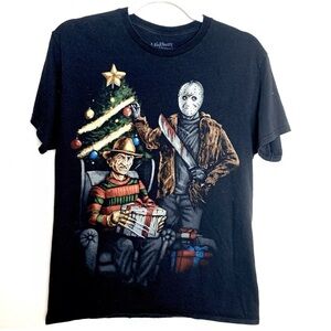 Nightmare On Elm Street Christmas T-Shirt Jason & Freddy Kreuger Mens Med Black